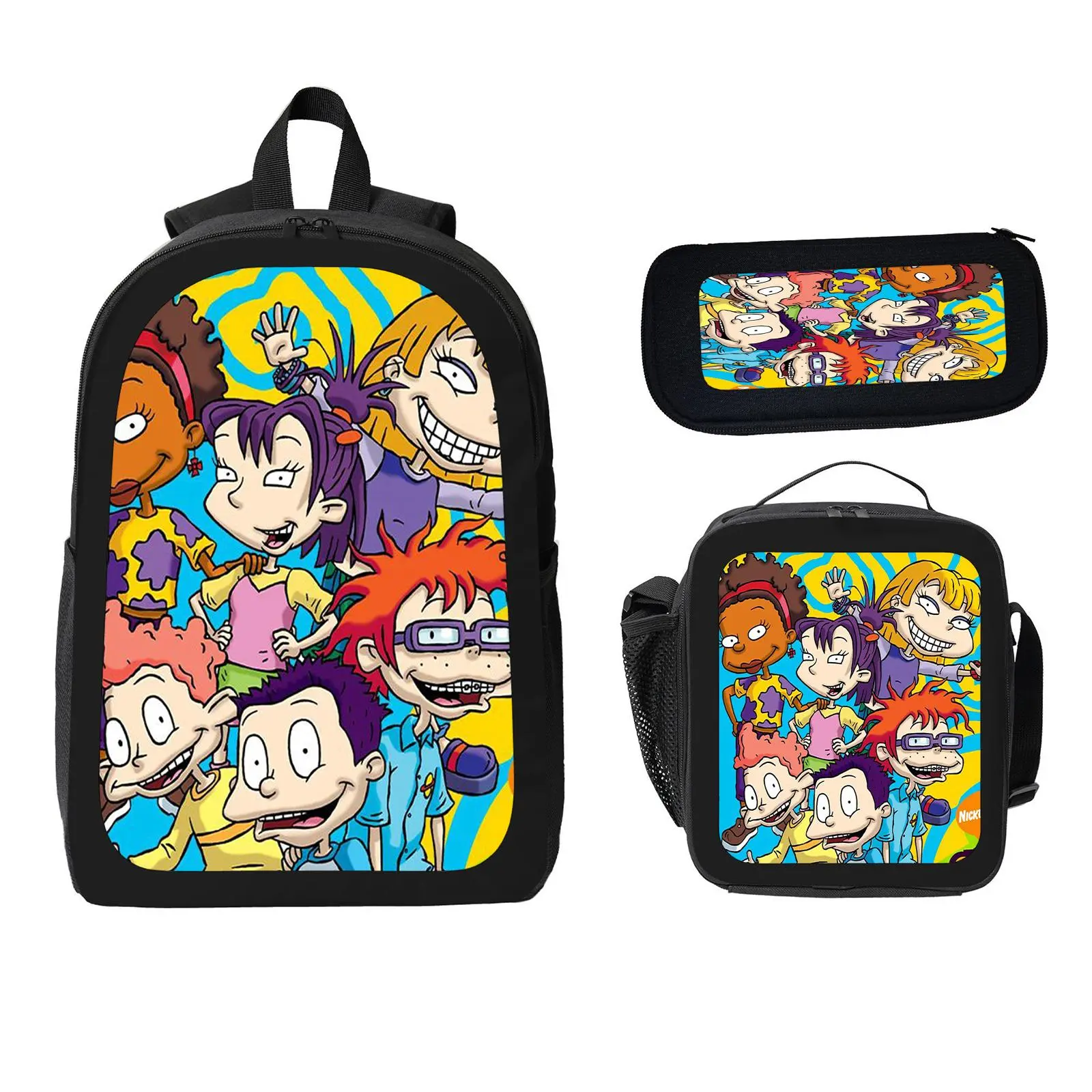 Rugrats Unisex 3-Piece Character-Themed Backpack Set for Kids, Large Space School Bookbag with Insulated Lunch Bag & Pencil Case, Water-Resistant Back to School Haul for Elementary Use c-72