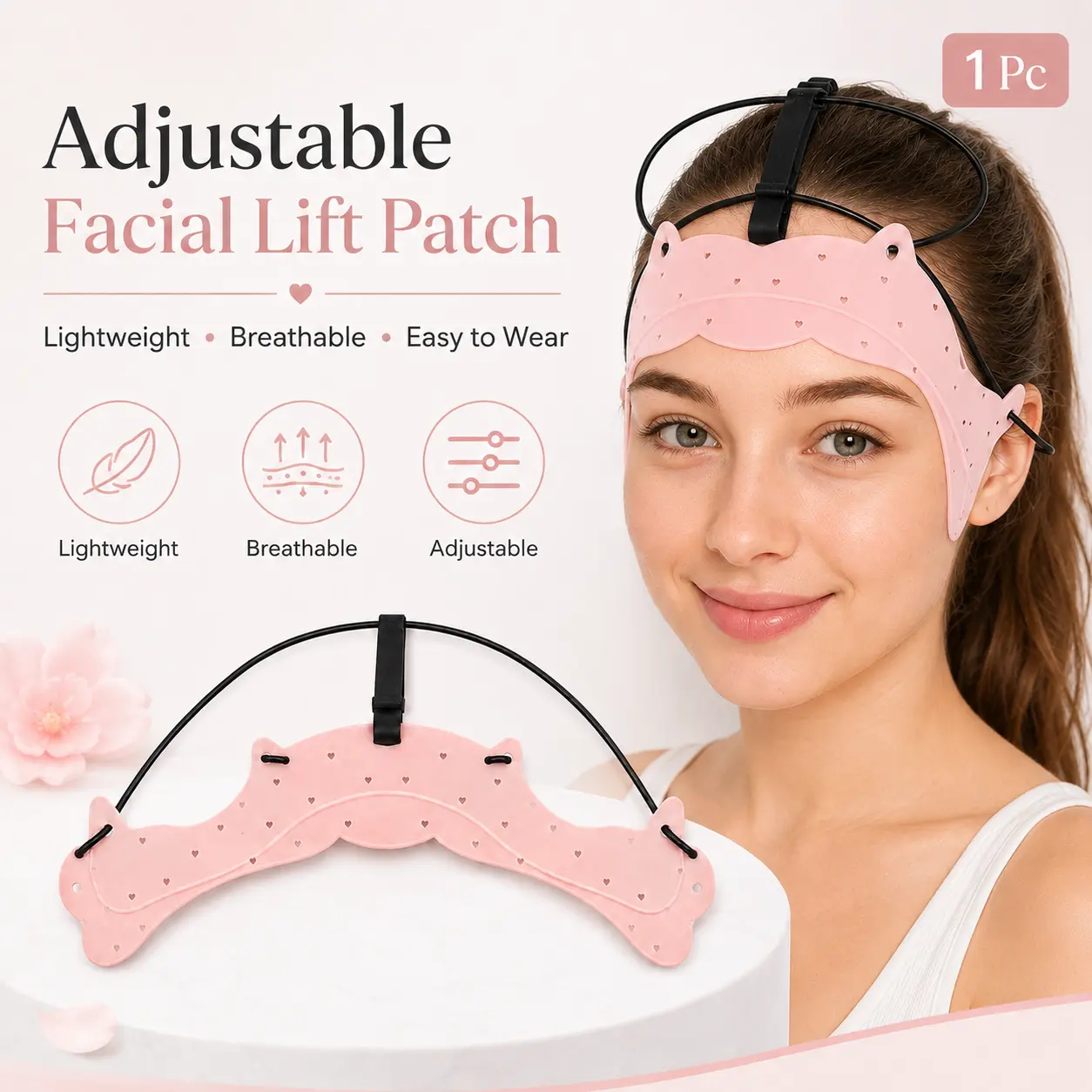 [Dealsforyou] Adjustable Forehead Support Accessory with Elastic Cords, Lightweight Perforated Face Band, Pink, 1 Pcs