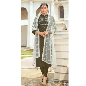 #Core-6  Elegant olive green Beautifully embroidered neckline Rayon  Kurti & Net Dupatta Set