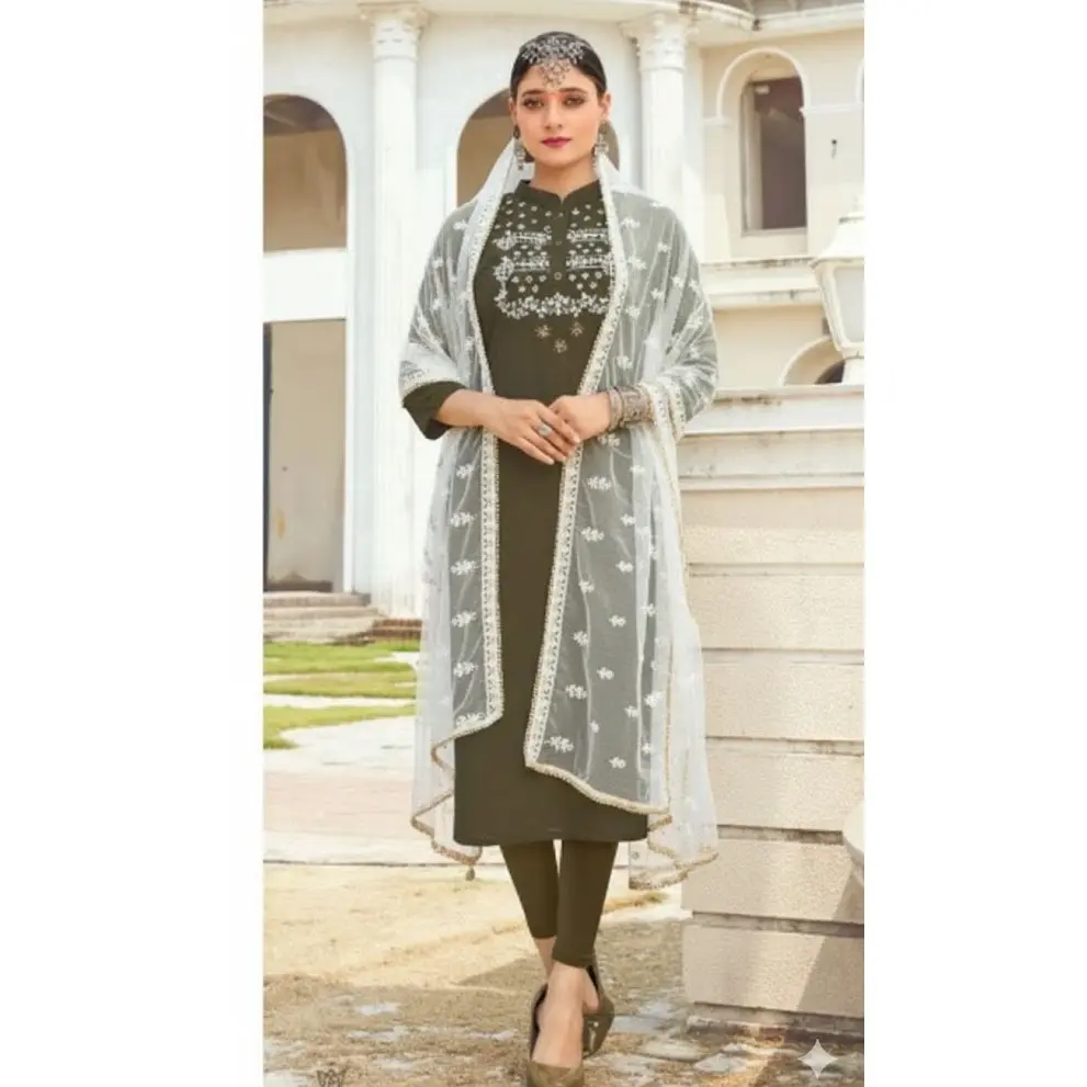 #Core-6  Elegant olive green Beautifully embroidered neckline Rayon  Kurti & Net Dupatta Set