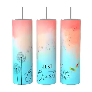 Just Breathe 20 oz Skinny Tumbler with Vacuum Insulation, Lid and Straw - Hand Wash Only
