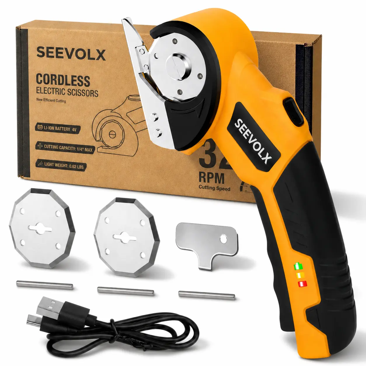 【WeeklyDeals】SEEVOLX Cordless Rechargeable Electric Scissors - Heavy Duty Hand Tool with Safety Lock, 2 Blades, LED Lights, Long-Lasting Battery, Space-Saving Design for DIY Crafts, Boxes, Leather, Father's Day Gift for Friends, Family, Curtains tiktoksho