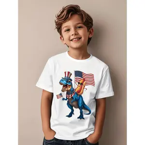 4th of July Patriotic Boys' Funny Hotdog Riding T-Rex Dinosaur & USA Flag Graphic T-Shirt - Red White & Blue Casual Short Sleeve Round Neck Tee for Independence Day Celebrations, BBQs, Parades - Machine Washable Comfortable Apparel