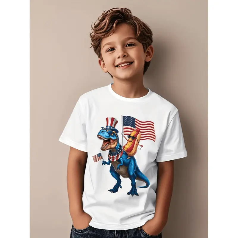 4th of July Patriotic Boys' Funny Hotdog Riding T-Rex Dinosaur & USA Flag Graphic T-Shirt - Red White & Blue Casual Short Sleeve Round Neck Tee for Independence Day Celebrations, BBQs, Parades - Machine Washable Comfortable Apparel