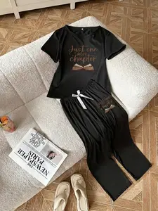 Women's Short Sleeve Long Pants Sleepwear Set, Pajama Set, Pjs, Letter Book Print Loungewear, Loose Fit Casual All Season Clothing, Cartoon Pattern
