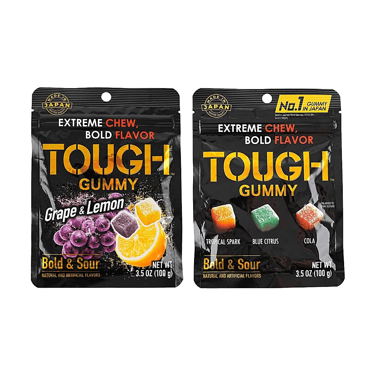Kabaya Tough Gummy 200g Combo Pack - 2 Flavors: Grape/Lemon & Tropical/Citrus/Cola - High Elasticity Sour & Sweet Chewy Candy