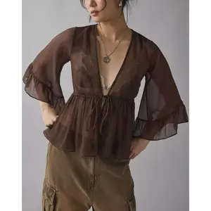 Women's Sheer Bell Sleeve Blouse, Deep V Neck Tie Front Chiffon Top, Casual Flowy Ruffle Hem Shirt for Summer Beach Vacation