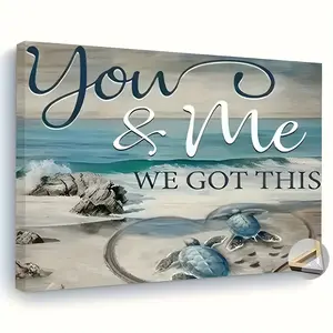 [Hanging Art]1pc Framed You & Me We Got This Beach Canvas Print - Couples Wall Art with NamesText, Turquoise Sea Turtle Wedding & Anniversary Gift, Wrap-Around Frame for Bedroom, Living Room Decor (), 2D Flat, Perfect for Room Decor