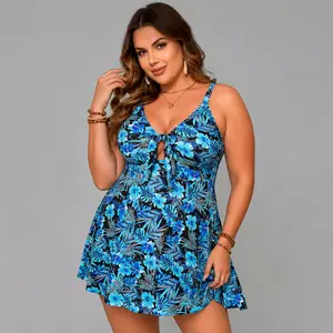 Plus Size Tropical Print Swim Dress for Women Blue Black Floral Leaf One Piece Skirted Swimsuit V Neck Front Tie Keyhole Swimwear for Beach Resort Pool Vacation