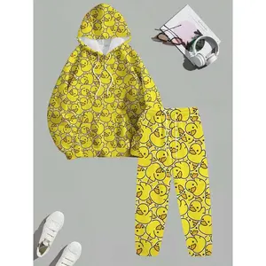Duck Pattern Casual Hoodie & Fashion Drawstring Pants Set, High-Quality Fabric, All-Day Comfort, Streetwear Style