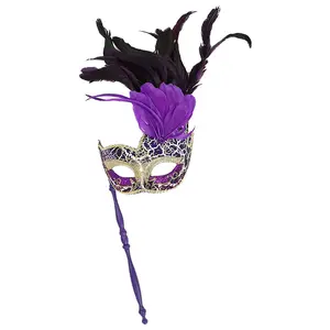 Venetian Masquerade Eye Mask On Stick Mardi Halloween for Party Prom Ball Purple Fantasy, Masked Ball Half Face Prop