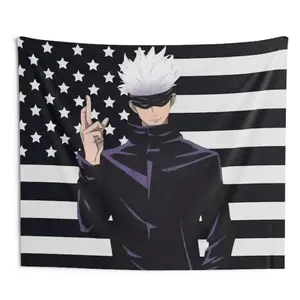 GOJO Black USA America Flag Modern Stripe Design Tapestry - Anime Funny Room Merch - Backdrop Tapestry Jujutsu Kaisen Aesthetic Wifu Cotton Decor Wall Tapestry