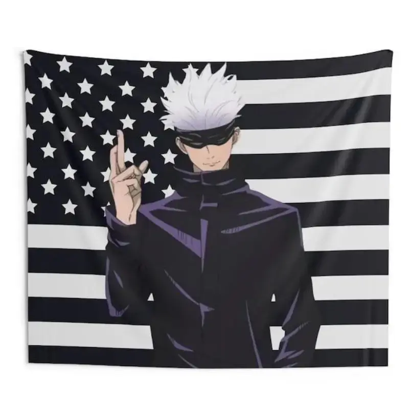 GOJO Cotton Tapestry - Classic Knit, Contemporary Art Black USA Flag Stripe Design, Jujutsu Kaisen Anime Merch, Funny Wifu Aesthetic Room Decor Backdrop