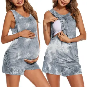 Women Maternity Nursing Pajama Set Breastfeeding Double Layer Pregnancy Pjs Set Sleeveless Top & Shorts with Pockets