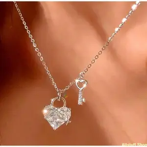 Women's Shiny Heart-Shaped Lock Key Pendant Necklace, Silvery Cubic Zirconia Fashion Jewelry with Diamond-Cut Chain & CZ Bling,summervibes