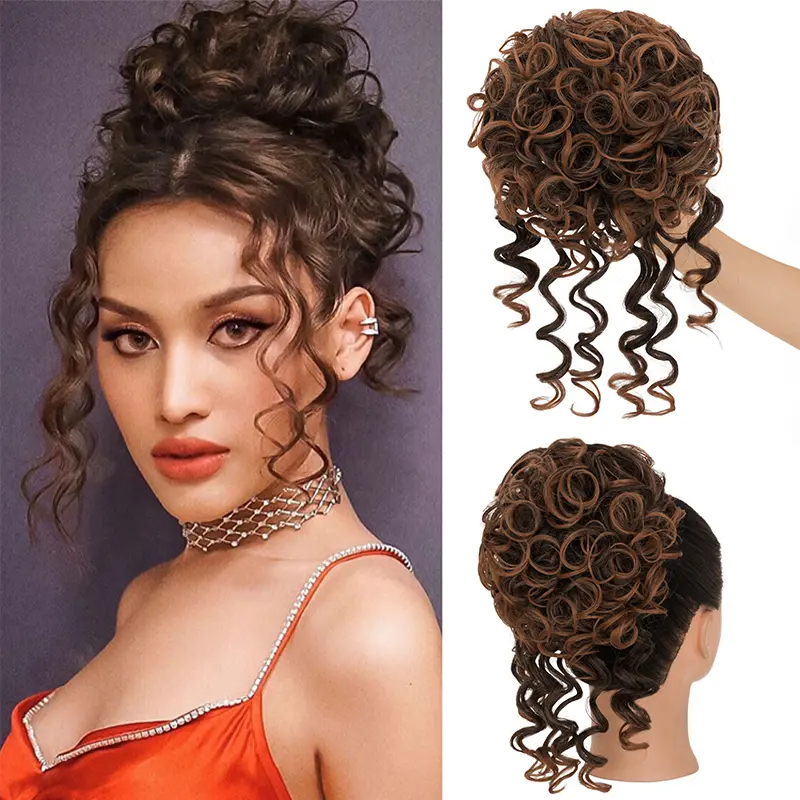 Synthetic Messy Bun Hair Piece Ombre Elastic Drawstring Loose Wave Curly Hair Buns Hair Piece Extensions For Women Wavy