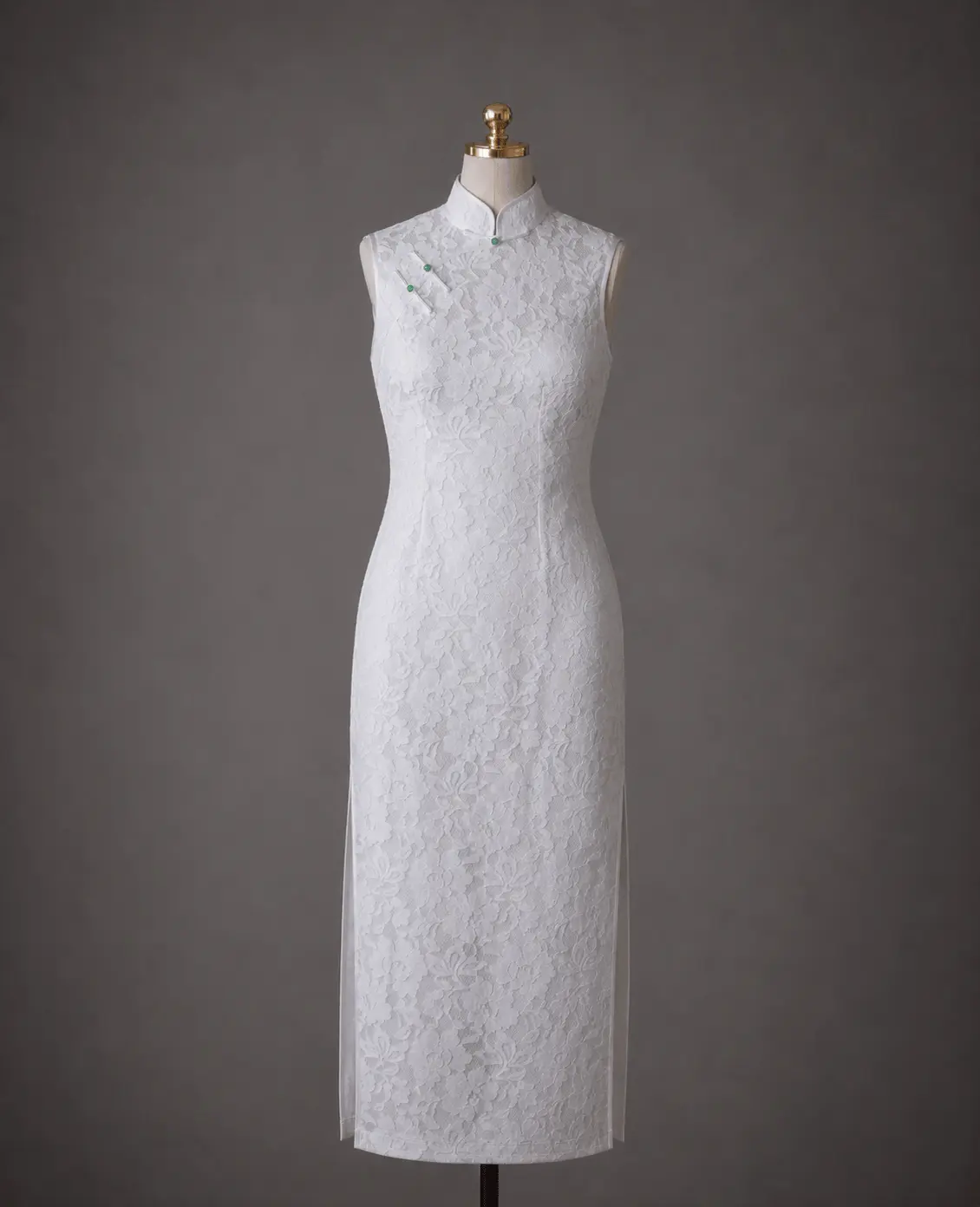 White French Chantilly Lace Qipao with Jade Pankou