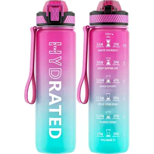 (1 Pack) Water Bottle with Straw, 32oz Motivational Water Bottles with Time Marker to Drink, Tritan BPA Free, 1L Sports Water Bottle with Carry Strap Leak Proof for Women Gym Fitness Outdoor