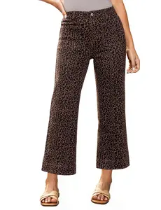 Wide Leg Jeans for Women High Waisted Leopard Cheetah Print Stretch Cropped Denim Pants Patch Pocket Flare Jeans