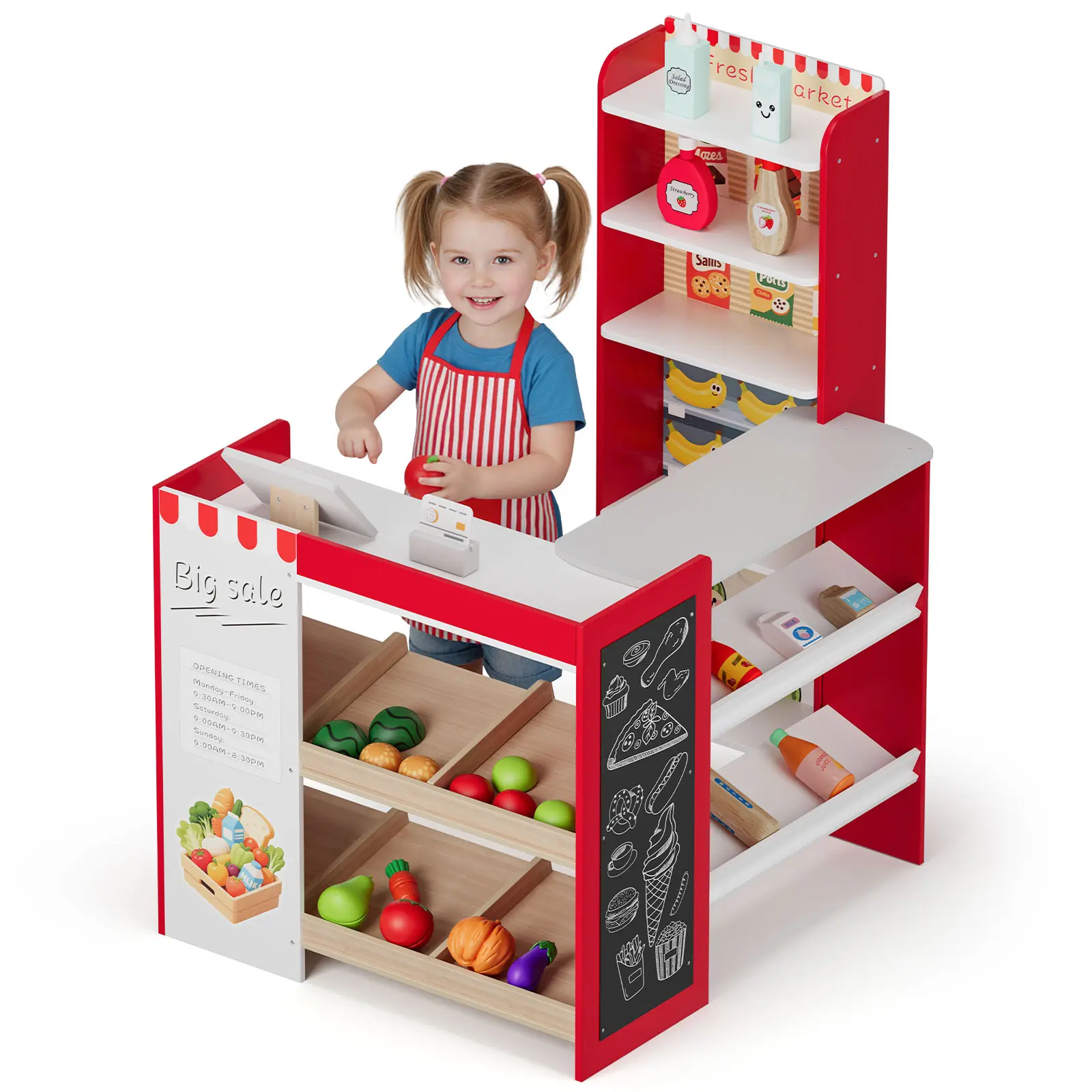 Arlopu Kids Pretend Play Grocery Store Playset, Wooden Supermarket Toy Set, Toddler Market Checkout Stand with Chalkboard, Cash Register, Display Shelves, Play Food Accessories homeessentials