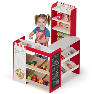 Arlopu Kids Pretend Play Grocery Store Playset, Wooden Supermarket Toy Set, Toddler Market Checkout Stand with Chalkboard, Cash Register, Display Shelves, Play Food Accessories