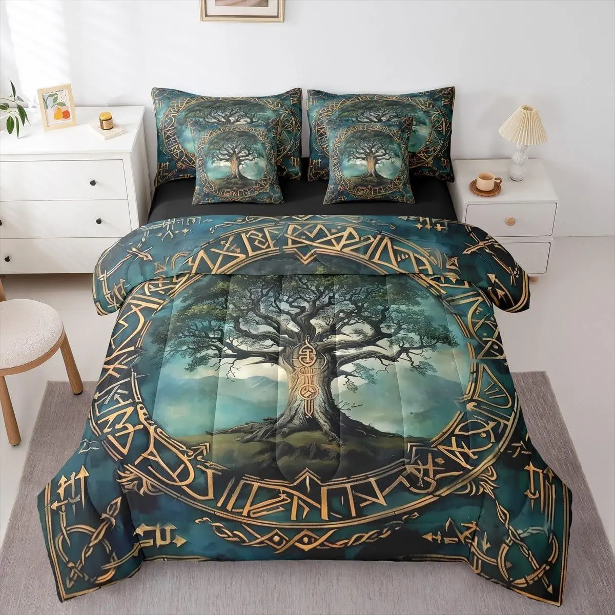 Vintage Vi Tree Comforter Set with Sheets Geometric Tree of Life 7-Piece Bedding Set Ancient Norse Vi Bed in a Bag Ethnic Tribal Nordic Style Bed Quilt Sets