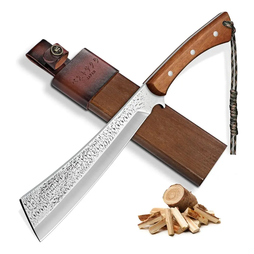 Purple Dragon Heavy Duty knife for Cutting Trees & Yard Work - Camping/Knife with Solid Wood Sheath -  Brush Clearing - 15 Inch