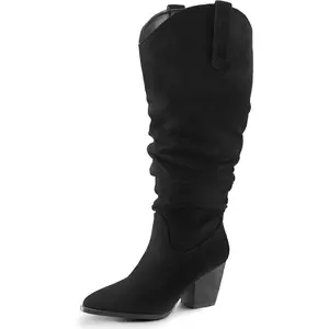 Women's Wide Calf Knee High Boots Cowgirl Low Chunky Stacked Heel Wide Width Pointed Toe Slouchy Tall Boots with Zippers