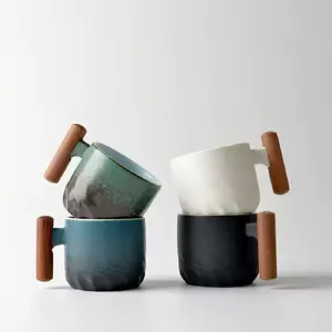 Vintage Style Ceramic Coffee Cups Set of 4, Wooden Handle, Reusable, Hand Wash Only, Perfect for Office and Home, Great Birthday Gift