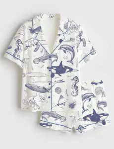 Sea Animal Print Marine Dream Sleepwear with Whale, Orca, Turtle, Dolphin Designs, Women's Adjustable Short-Sleeve Satin Pajama Set, Long Pajama set