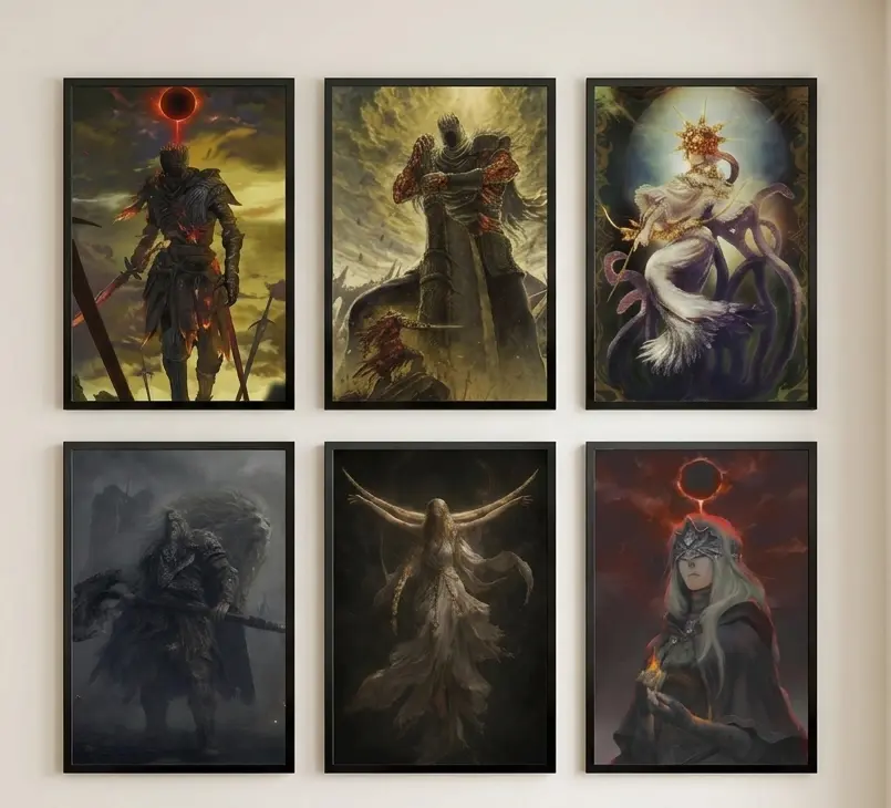 Dark Fantasy Epic Myth Wall Art Decor, Eco-Friendly Soulslike Game Collectible Canvas Painting, Majestic Fire Keeper & Ashen Knight Poster for Gaming Room Desktop Setup, Premium Gallery Wrapped Canvas or High-Definition Unframed Art Print Optional
