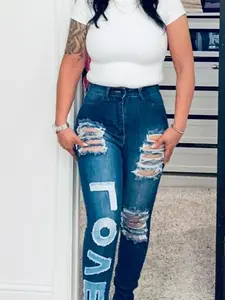 Aphrodite Women's High-Rise "LOVE" Washed Denim Slim Jeans - Streetwear Statement Style Bottom with Pocket, Everyday Fit