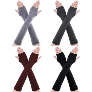 4 Pairs Gothic Long Fingerless Punk Knit Arm Warmers/Arm Sleeves with Thumb Holes, Elbow-Length Gloves for Adults