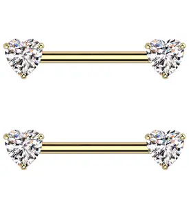 Gold PVD Clear Heart CZ Threadless Titanium Nipple Barbell