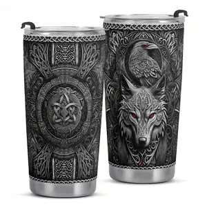 20oz Viking Theme Stainless Steel Insulated Cup with Straw - Leak-Proof Double-Wall Vacuum Insulation, Nordic Celtic Knot and Wolf/Eagle Pattern, Durable Outdoor Travel Cup - Perfect Gift for Men (Father's Day, Labor Day, Teacher's Day), Insulated Beverag