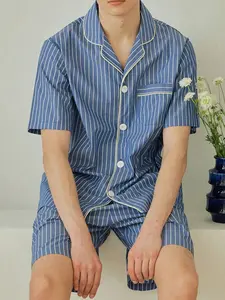 Men's Summer Casual Pajama Set, Lapel Short Sleeve Shirt & Shorts, Striped Print Polyester Blend, Comfortable Home Wear