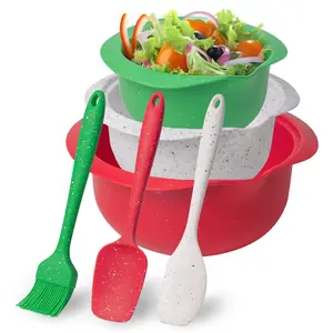Christmas Mixing Bowls Set – 3-Piece Nesting Bowls (Red/Green/White, 1.5/2.5/5 Qt) + 3-Piece Spatula Set, TPE Non-Slip Base, Easy Pour Spout, Dishwasher Safe, Holiday Baking & Gift Essential