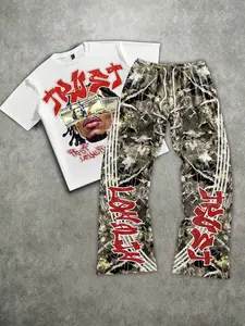 2-Piece Set Loose Camouflage Striped Print Vintage Faded Color Racing Short Sleeve T-Shirt and Sporty Long Pants (bendable Pants) Menswear Clothes