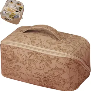 Travel Makeup Bag for Women,Large Capacity Cosmetic Organizer Bag, Travel Beauty Bag, Waterproof PU Leather, Flat Open Portable Small Toiletry Pouch for Skincare, Brushes & Travel Essentials