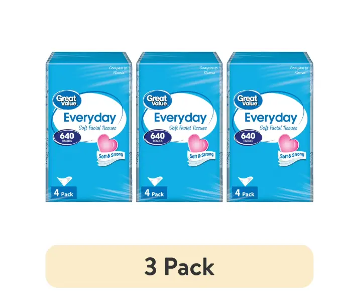 (3 pack) Great Value Everyday Soft Facial Tissues, 4 Flat Cartons, 160 Tissues per Carton, 2-Ply