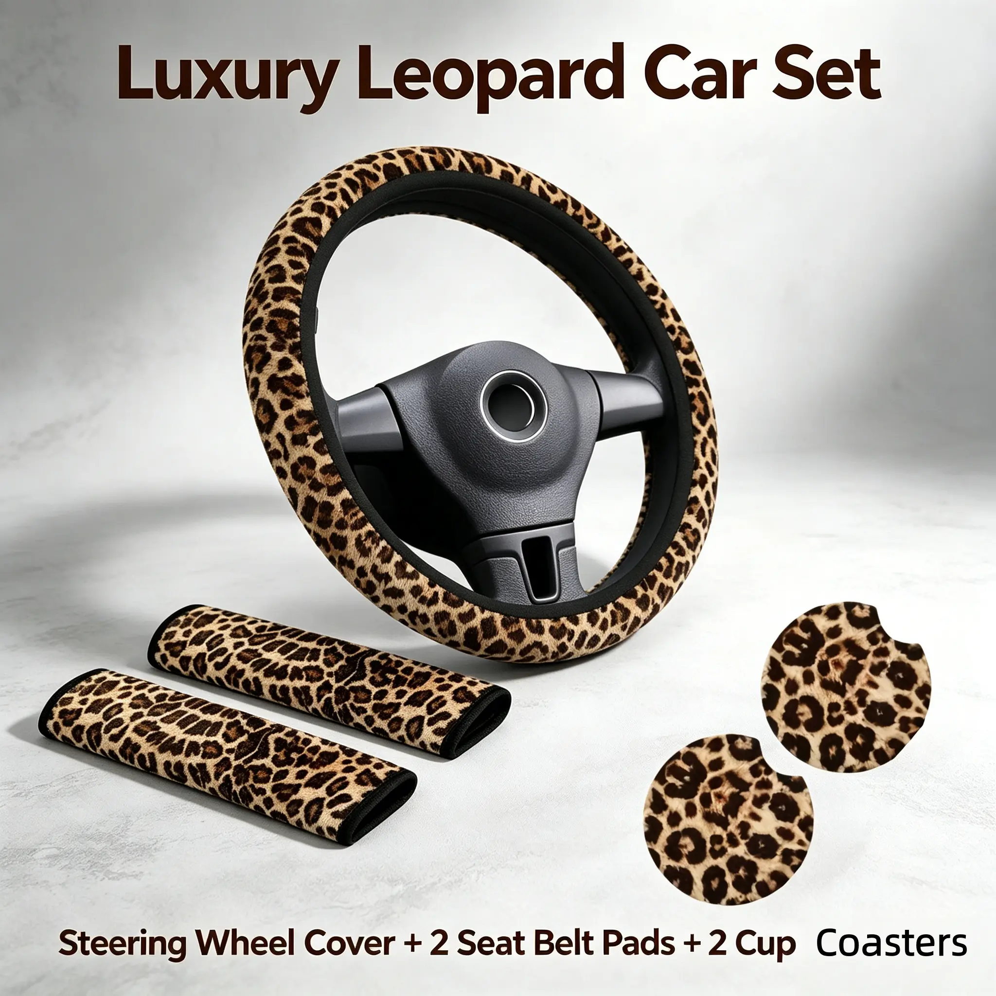 14.5-15 Inch Leopard Print Anti-Slip Steering Wheel Cover Set with 2 Silicone Coasters & 2 Seat Belt Pads for Car Interior Decor