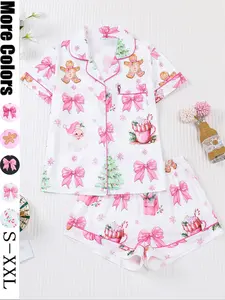 [christmas]Women's Christmas Pajama Set, Santa Cookie Print, Short Sleeve Button-up Top & Elastic Shorts, Casual All-season Sleepwear, Christmas Pyjamas, Loungewear