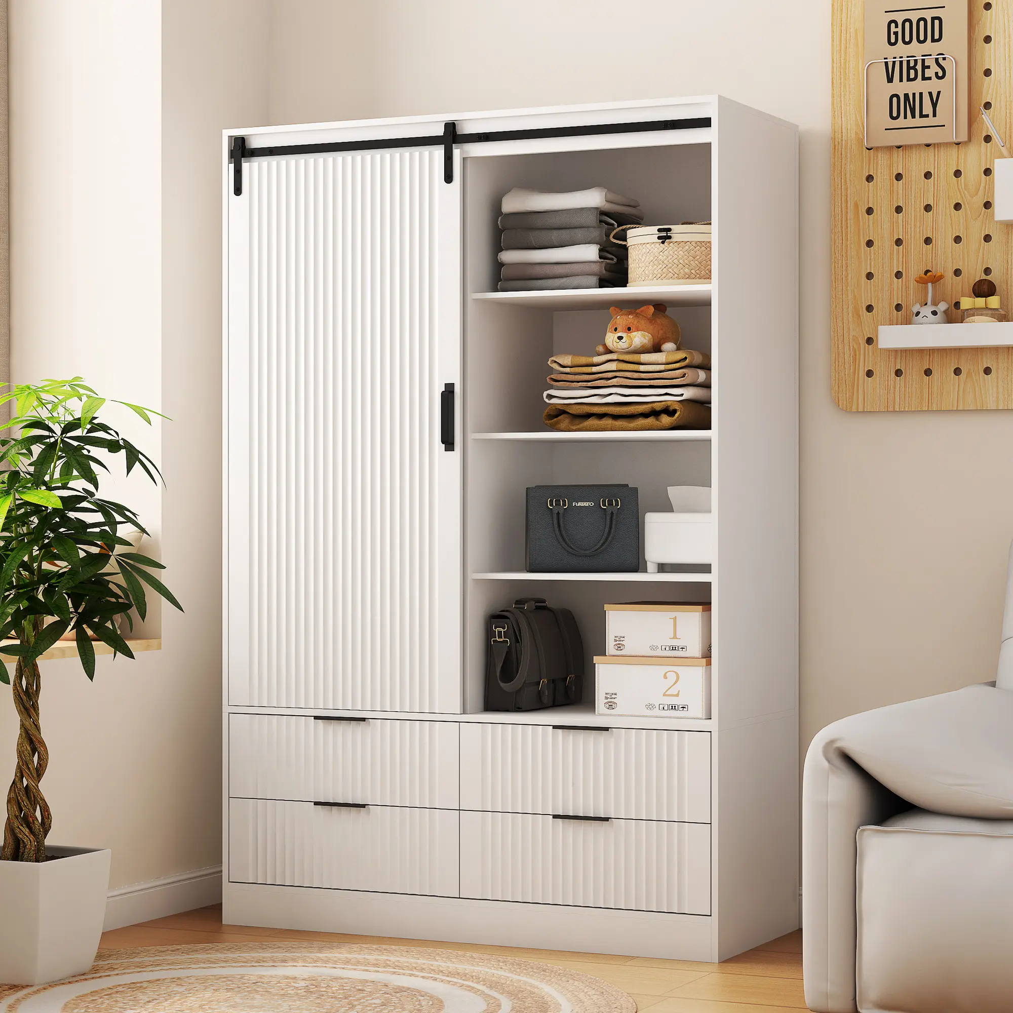 Dreamzon Furniture Tall Bedroom Armoire Wardrobe - Closet Organization Cabinet with Hanging Rod, Barn Door, Drawers, Open Shelves, White