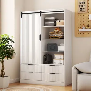 Dreamzon Furniture Tall Bedroom Armoire Wardrobe - Closet Organization Cabinet with Hanging Rod, Barn Door, Drawers, Open Shelves, White
