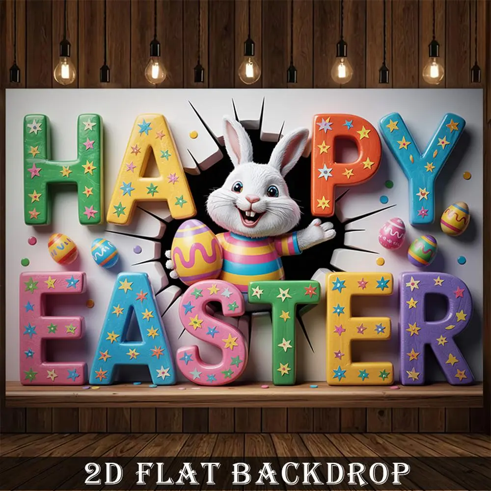 1pc Soft Polyester 2D Flat Backdrop Banner, 59X82.7 Inch / 150Cmx210cm Multi-Size Easter Bunny & Egg Decor, Indoor/Outdoor Door/Wall Home Festive Supplies for Spring Events Photo Booth with Bunny Eggs Cutouts