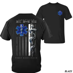 American EMS First Responder T-Shirt, Blue Star of Life with Rod of Asclepius & Distressed Flag Graphic, LowTrendz EMS Pride Graphic Shirt for Paramedics & EMTs, Gift for Emergency Medical Staff or Rescue Teams
