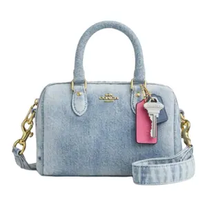 COACH Rowan 17 Mini Boston Bag with Logo Keychain, Adjustable Strap, and Zipper Closure in Denim Blue for Women