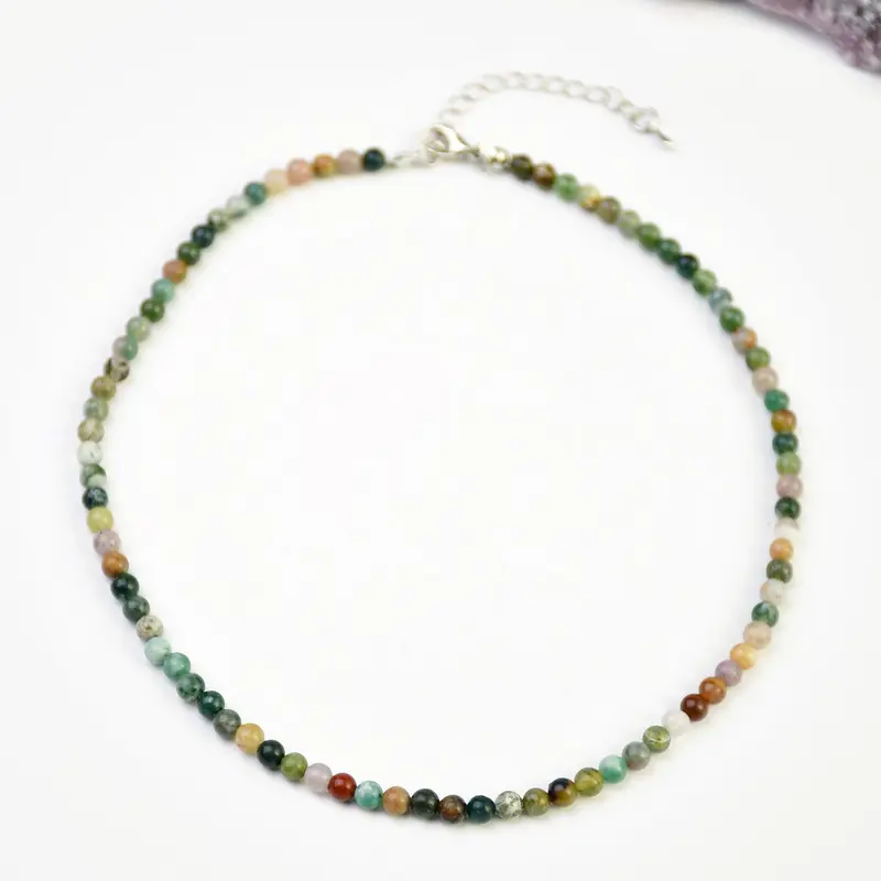 Vintage Natural Indian Agate Beaded Necklace (4/6/8/10mm), Round Beads, Adjustable Choker, Dainty Choker Necklace, Bohemian Style Agate Necklace for Men & Women, All-Season Jewelry, Modern Versatile Accessories for Daily Wear, Boho Jewelry