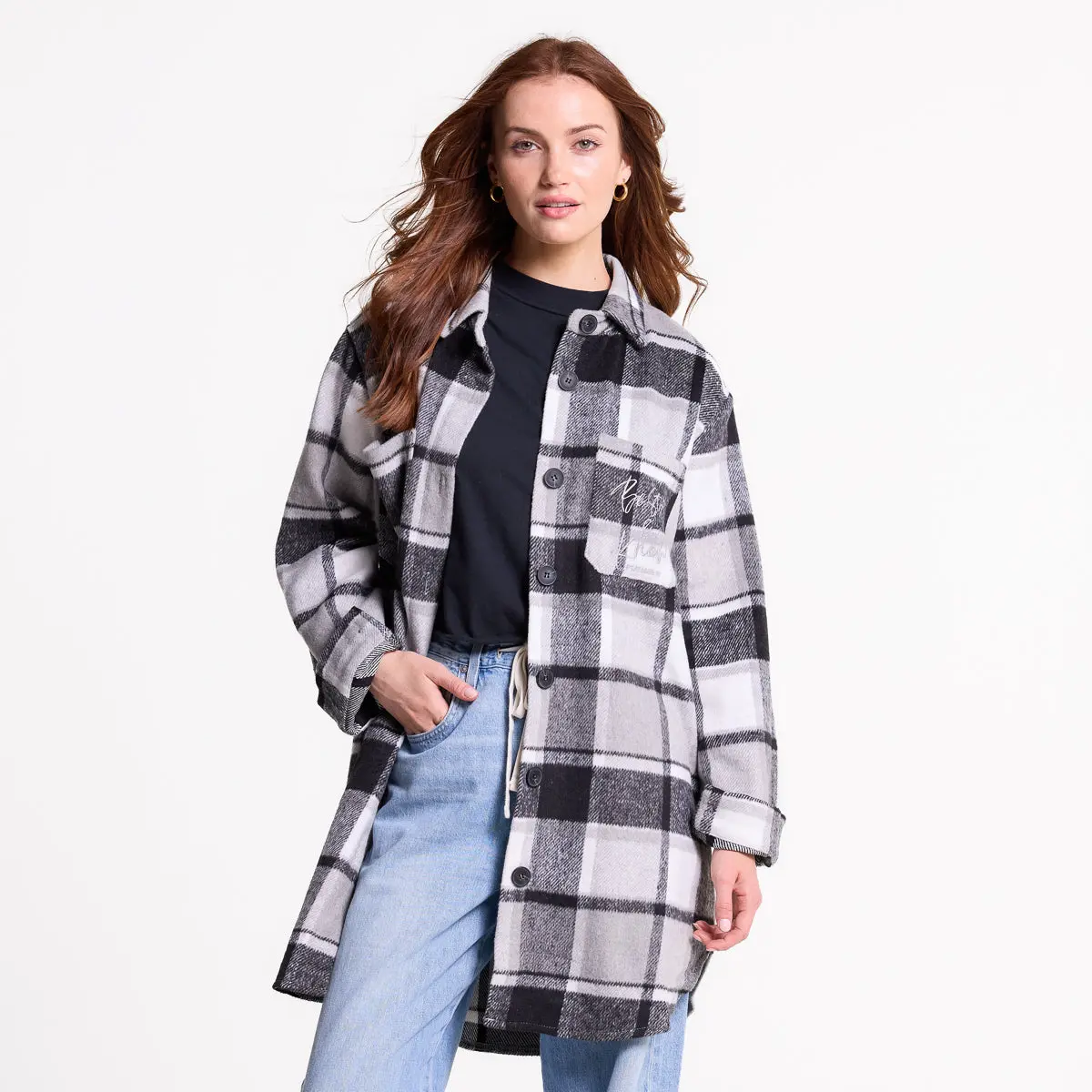 Love in Faith | Women's Embroidered Plaid Shacket - Soft Flannel-Inspired Polyester All Season Jacket, Stylish Christian Clothing, Functional Pocket Tops for Women, Everyday Gift Coat