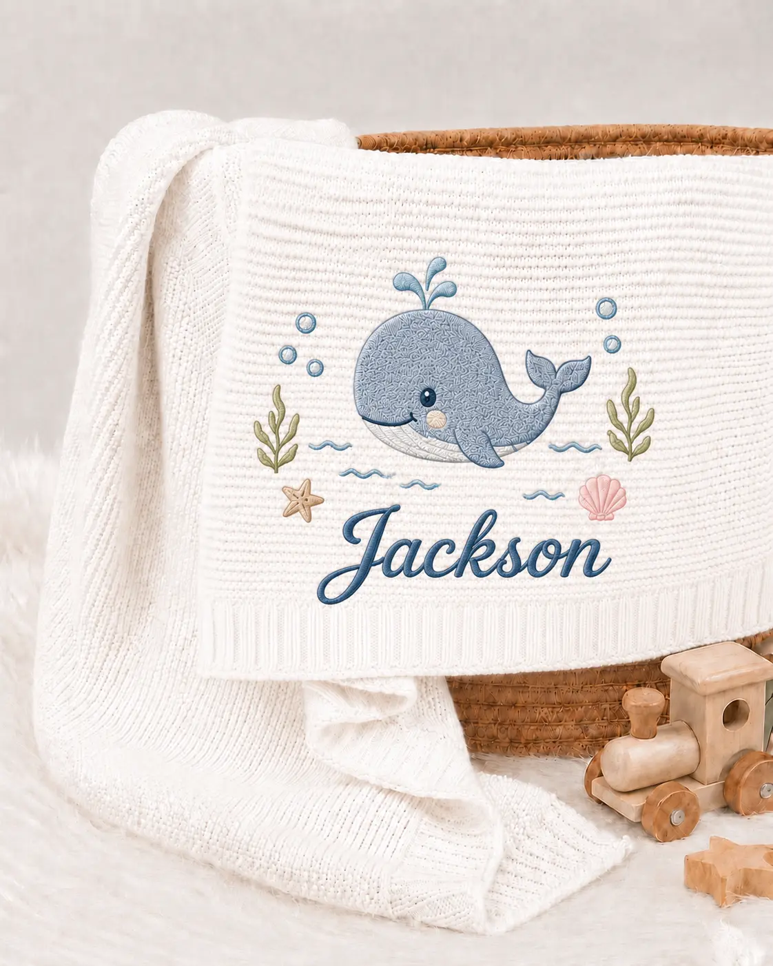 [Made-to-Order] Personalized Dolphin Embroidered Baby Blanket, Custom Name Ocean Knit Blanket, Sea Life Nursery Keepsake, Under the Sea Baby Shower Gift